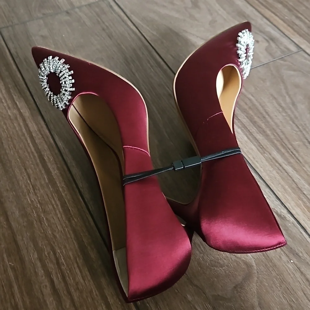 NEW! EXPRESS Deep Burgandy Satin Rhinestone Pointed Toe Heeled Pumps 10.